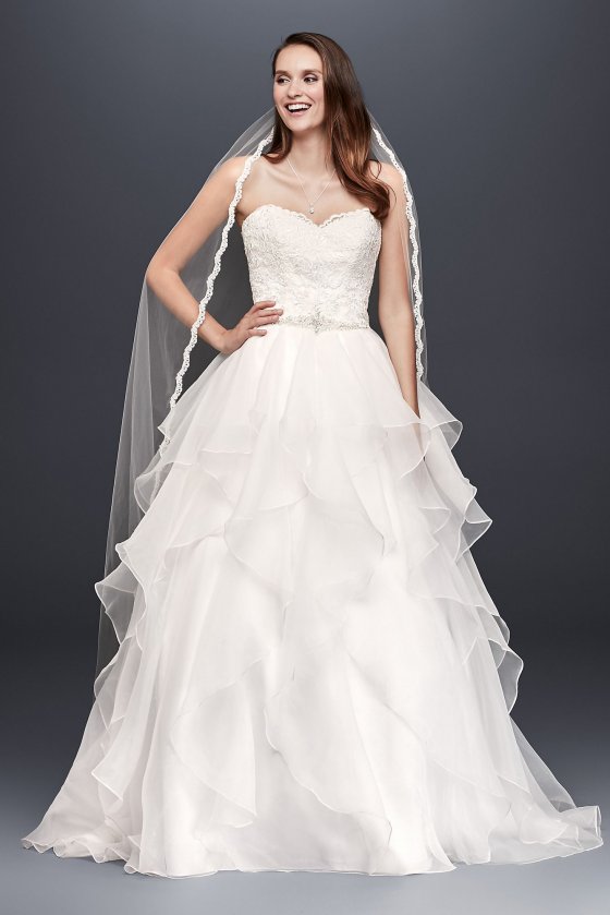 Romantic Petite Long Ball Gown Wedding Dress with Tiered Organza Skirt 7WG3830
