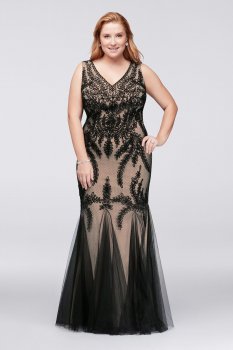 Plus Size Unique Tank V-neck Long Fitted Embroidered Party Gown Style 757058D