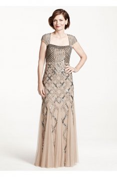 Cap Sleeve All Over Beaded Long Gown with Godets Style 092875460