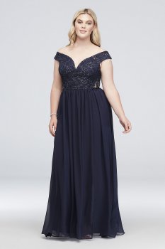 Off-the-Shoulder Metallic Lace Plus Size Gown 3471RJ4W