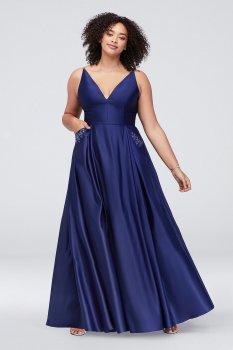 Satin V-Neck Plus Size Gown with Jeweled Pockets 320BNW