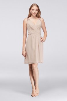 Simple Tank V Neck Above Knee Length Metallic Chiffon F19439M Bridesmaid Dress with Lace Back