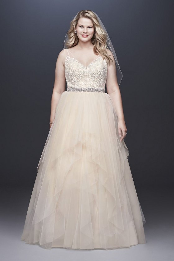 Tank V-neck Tulle 9WG3913 Wedding Gown with Layered Skirt