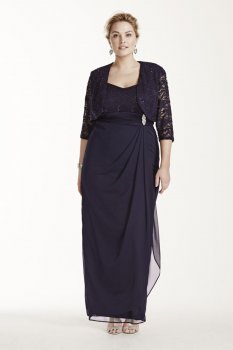 Long Chiffon Dress with 3/4 Sleeve Lace Jacket Style 7299W