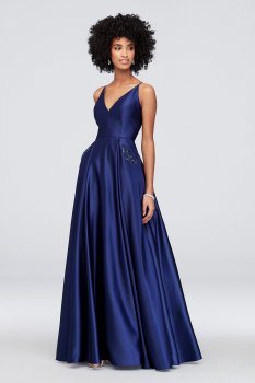 Satin V-Neck Ball Gown with Jeweled Slash Pockets 320BN