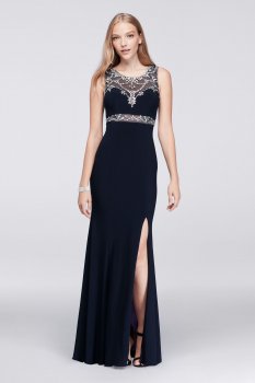 Beaded Embellished Long Side Slit Prom Dress with Illusion Bodice for Prom Party A17446D