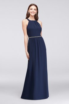 Pleated Round-Neck Chiffon 111087DB Style Gown with Beaded Waist