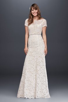 Short Illusion Sleeves Long Lace Embroidered Lace Wedding Dress KP3780