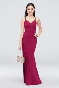 Open Back Crepe Sheath with Lace Detail X39031DDNE