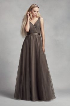 Fantastic Long A-line Tulle Surplice Bridesmaid Dress with Lace Back Style VW360322