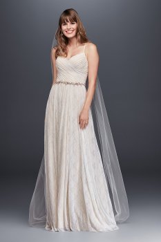 Classic Spaghetti Straps Long Soft Lace Wedding Dress with Pleated Bodice WG3823