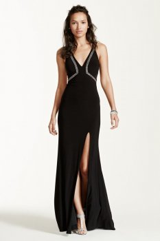 Open Back Crystal Contoured Bodice Jersey Dress Style A16105