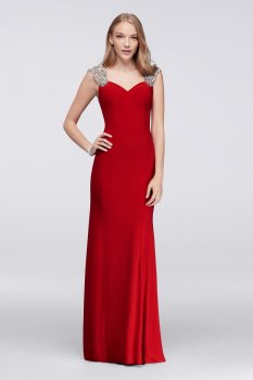 Modern Beaded Cap Sleeves Long Column Jersey Prom Gowns Style VC150342