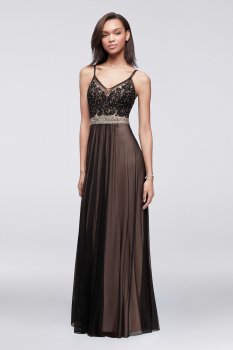 Graceful Long V Neck A-line Tulle and Lace Prom Dress with Beaded Waistband A18981