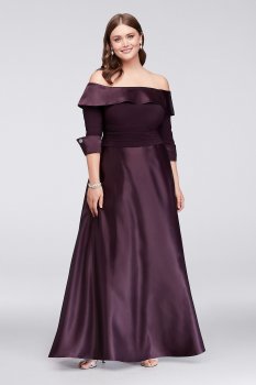 Off-The-Shoulder 3/4-Sleeve Satin Plus Size Gown JHDW3159