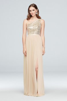 Sequin and Mesh One-Shoulder Long Bridesmaid Dress 4XLF17063S