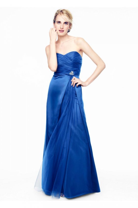 Strapless Satin Long Dress with Side Brooch Style F15137