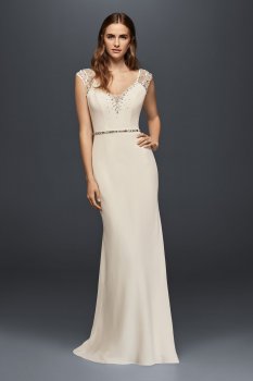 Jenny Cap Sleeve Plung V Neck Long Beaded Sheath Jeweled Crepe Bridal Gown JP341715