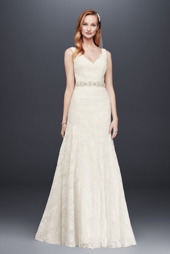Petite Lace Mermaid Gown with Scalloped Neckline Style 7WG3757