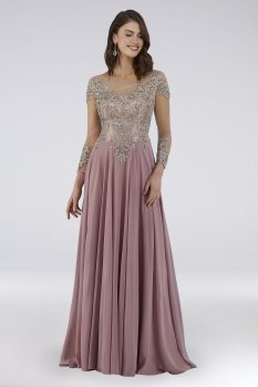 Beaded A-Line Gown with Long Illusion Sleeves 29749