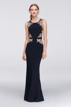 New Style Illusion Lace Embroidered Long Sleeveless 58383D Style Sheath Dress with Open Back