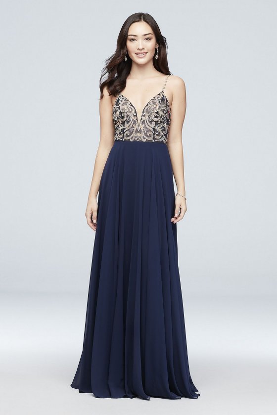 Metallic-Embroidered Chiffon A-Line Dress J By Jovani J67522