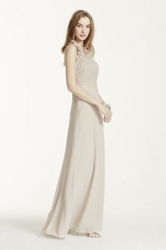 Chiffon Dress with Floral Detail and One Shoulder Style F14010