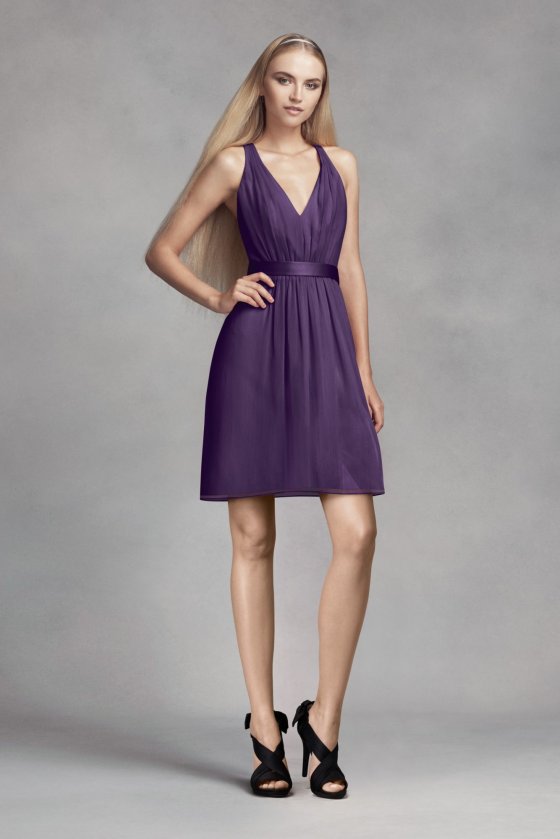 Elegant New Style Tank V Neck Above Knee Chiffon Bridesmaid Dress with Low Crisscross Back Style VW360339