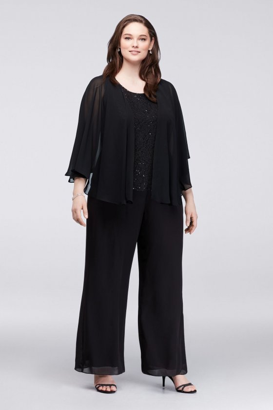 Plus Size Three Pieces Sequined Lace and Chiffon Pants Suit Plus Size Style 615596