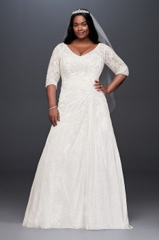 Plus Size Asymmetrical Draped Lace Wedding Dress Style 9WG3896 with Half Sleeves