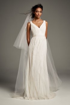 7VW351448 Pleated Tulle Flutter-Back Petite Wedding Dress