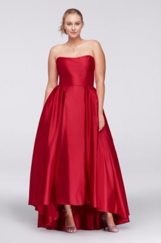 A18224W Pattern Strapless A-line Plus Size High-Low Lamour Satin Prom Party Gown
