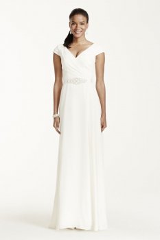 Cap Sleeve Crepe A-Line Gown with Beaded Sash Style SDWG0122