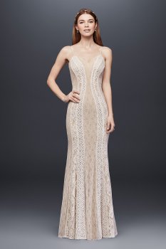 184159DB Style Spaghti Straps Long Sheath Mixed Lace Bridal Dress