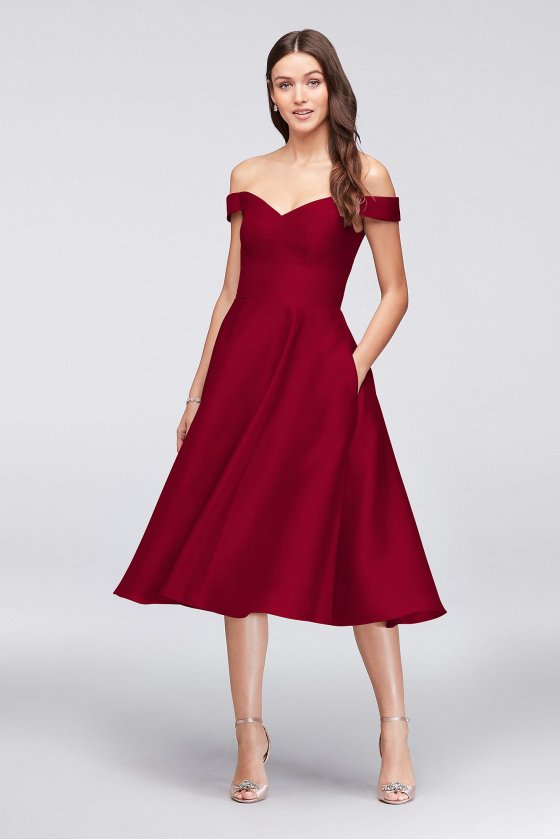 Off-the-Shoulder Tea-Length Bridesmaid Dress F19743