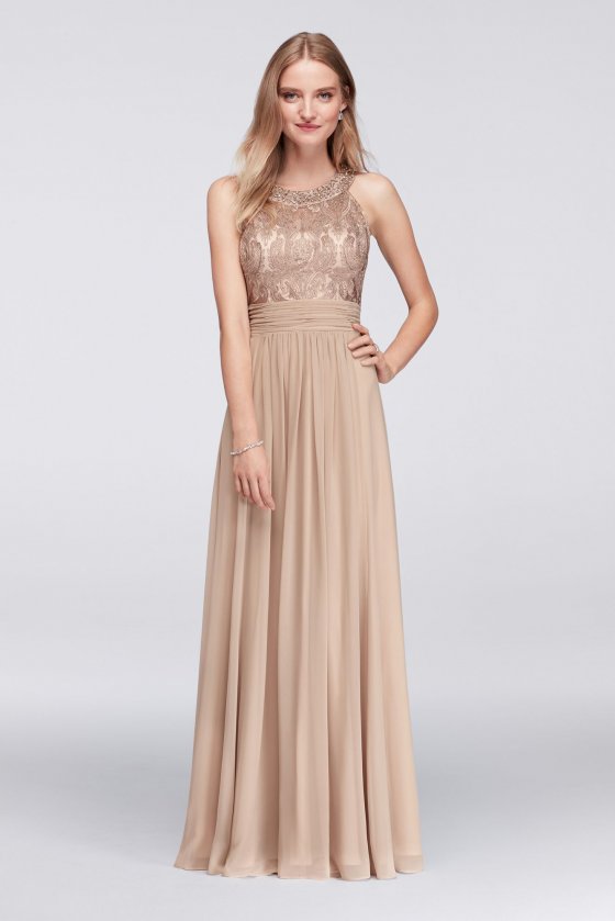 Sparkling Lace Bodice A-line Chiffon Gown Style EJDM4493 with Jeweled Neckline
