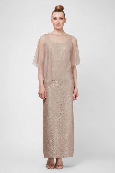 Glitter Lace Sheath Gown with Chiffon Capelet 7112125