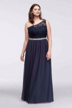 Elegant One Shoulder Plus Size Lace and Chiffon Dress with Illusion Bodice WBM1020W