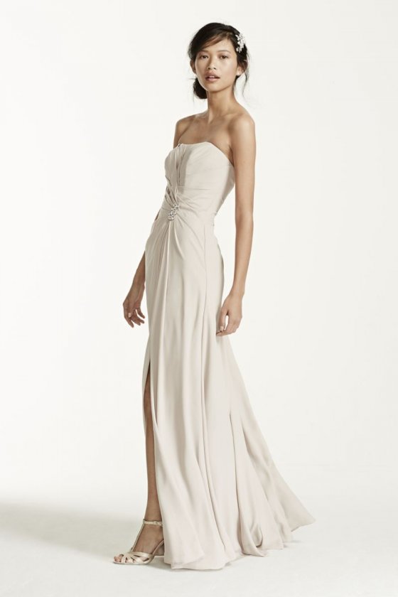 Long Strapless Crepe Dress with Brooch Style F15532
