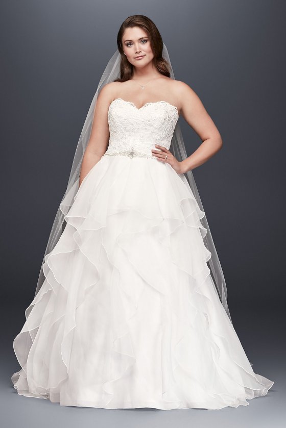 Plus Size Strapless Lace and Organza Ball Gown Wedding Dress with Ruffled Tulle Skirt 9WG3830