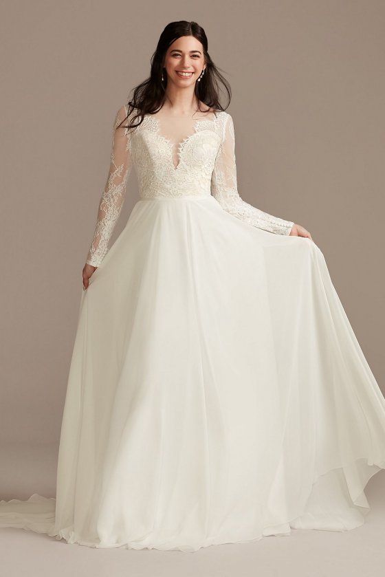 Long Sleeve Plunge Lace Chiffon Tall Wedding Dress DB Studio 4XLWG4035