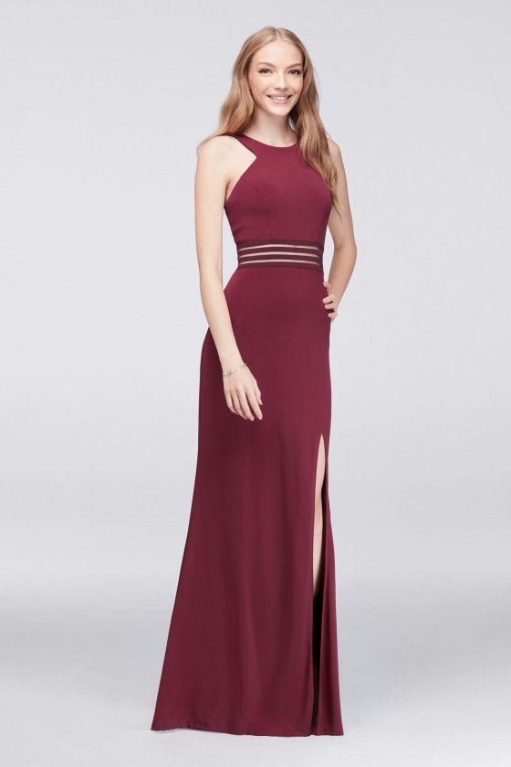 8415QL5B Style Illsuion Stripe Waist Long Side Slit Halter Neck Jersey Dresses