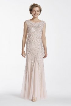 Cap Sleeve Long Beaded Gown with Godets Style 061910460