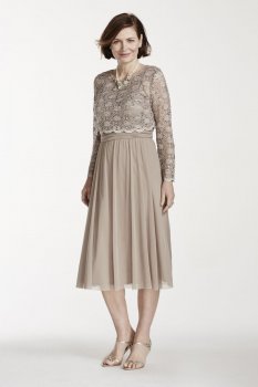 Tea Length Mesh Dress with 3/4 Lace Popover Style 5663