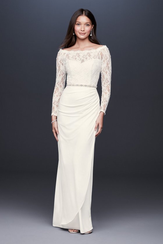 Off-the-Shoulder Long Sleeve Lace Draped Gown 184213DB