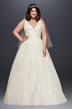 Plus Size Tank V Neckline 9WG3877 Style Lace Appliqued Mikado and Tulle Bridal Dresses