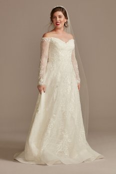 Leafy Applique Lace Off the Shoulder Wedding Dress Oleg Cassini CWG891