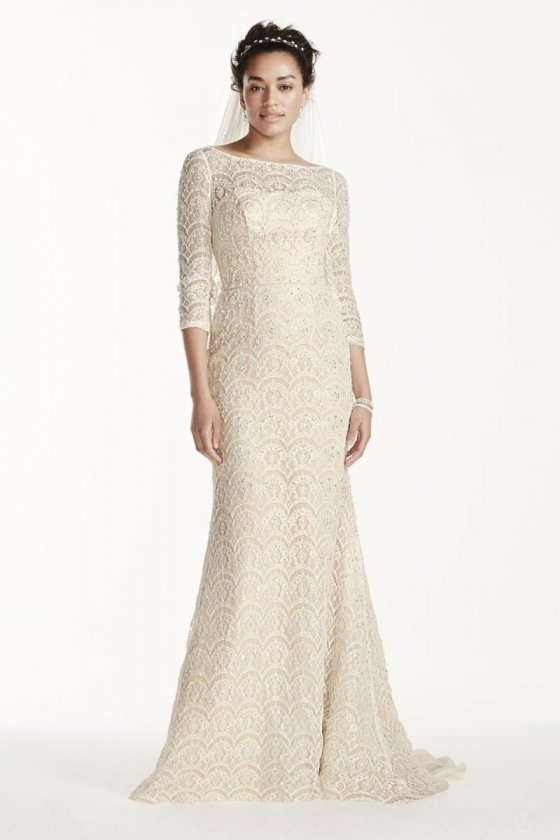Petite Beaded Lace 3/4 Sleeved Wedding Dress Style 7CWG711