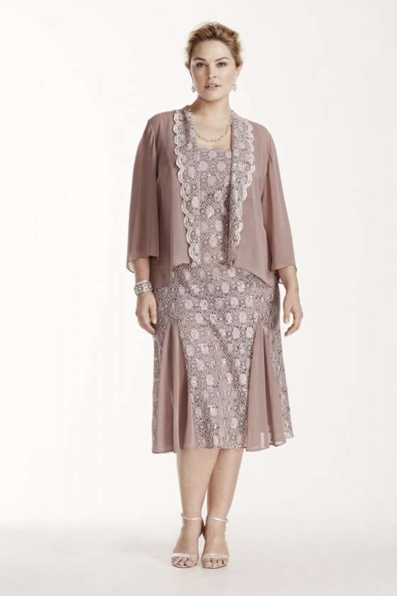 Tea Length Lace Jacket Dress with 3/4 Sleeves Style 6412945
