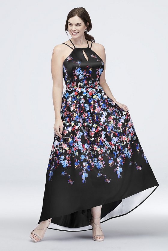 Printed Halter Plus Size Dress with Lace-Up Back 12512W